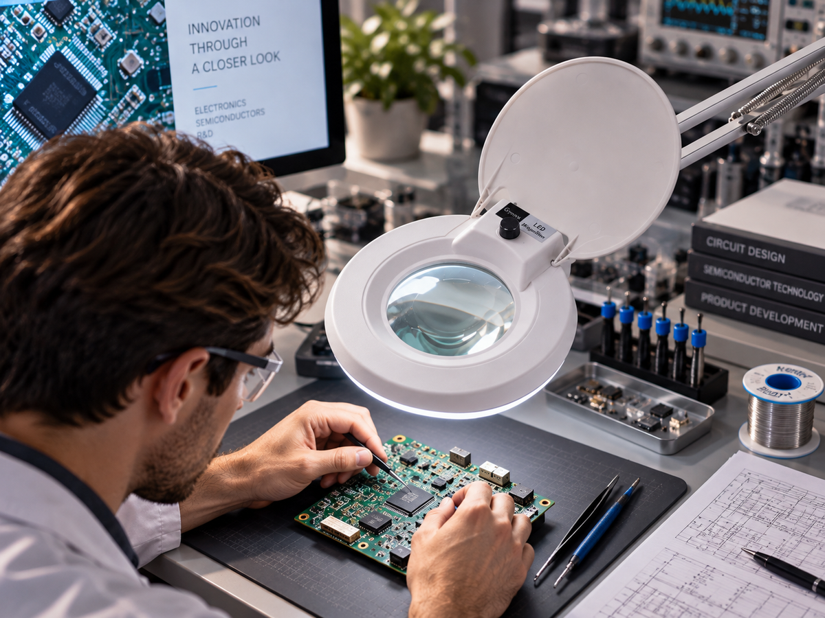 Electronics technician inspecting a PCB at a repair workstation with an LED magnifying lamp
