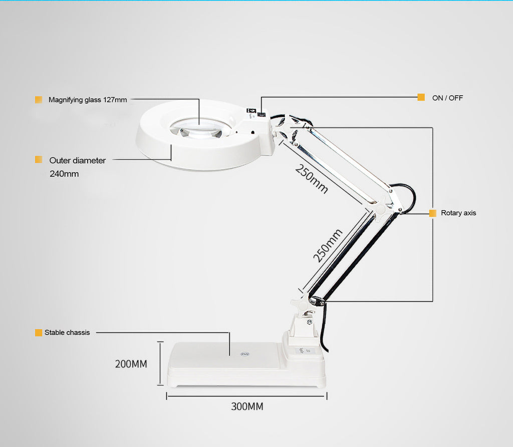 Gynnx GY-DS01 desk magnifying lamp product dimensions illustration