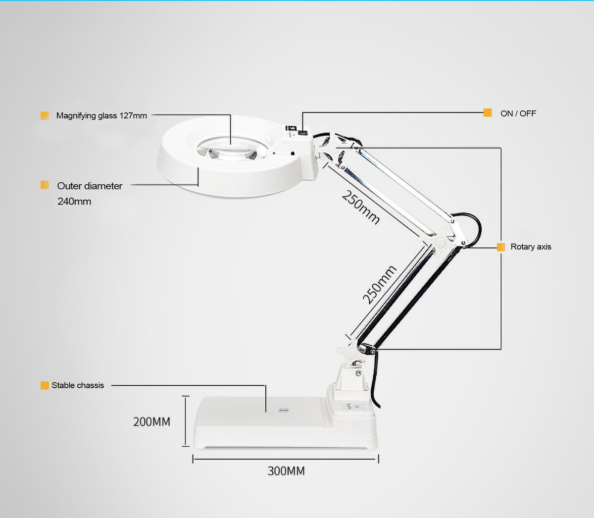 Gynnx GY-DS01 desk magnifying lamp product dimensions illustration